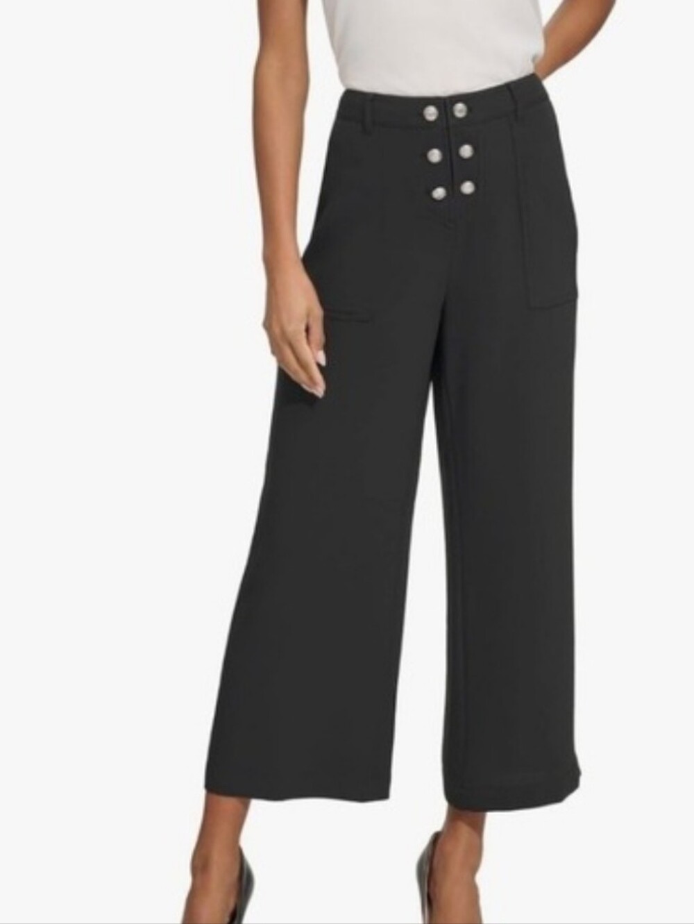 Karl Lagerfeld High-Rise Wide-Leg Crop Pants with Button Detail - Black 4